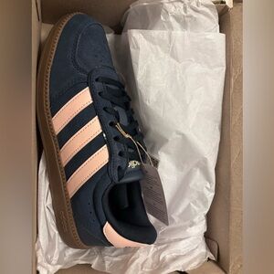 adidas Navy Suede Sneakers with Pink Stripes and Gum Sole
